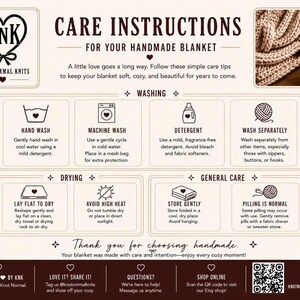 May include: A beige informational graphic titled CARE INSTRUCTIONS FOR YOUR HANDMADE BLANKET by KNOT NORMAL KNITS. It features icons and text for washing, drying, and general care, including hand wash, machine wash, and storage tips for blankets.