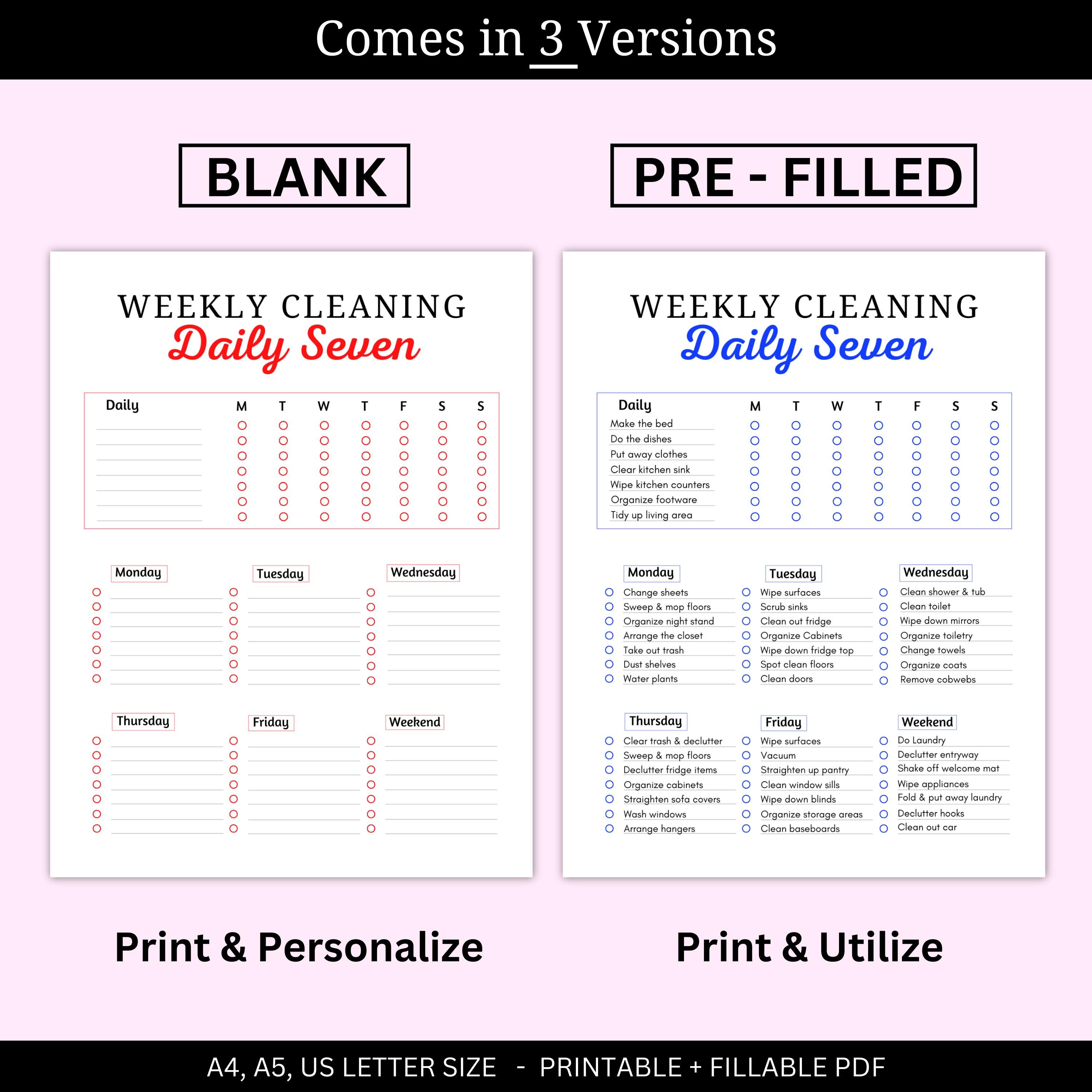 Clean 7 Editable Daily SEVEN Cleaning Planner, Weekly Cleaning Schedule, Chore ...