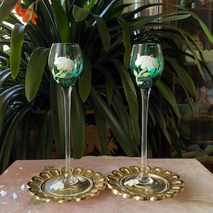 Unique Pair of Hand Painted Emerald Green Cordial Liqueur Glasses - Long Stemmed Cocktail Glassware Set