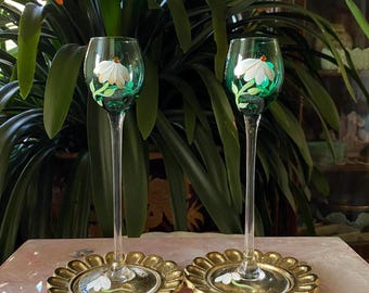 Unique Pair of Hand Painted Emerald Green Cordial Liqueur Glasses - Long Stemmed Cocktail Glassware Set