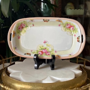 Antique Nippon Hand Painted Butterflies + Rose Floral Pink Porcelain Handle Tray