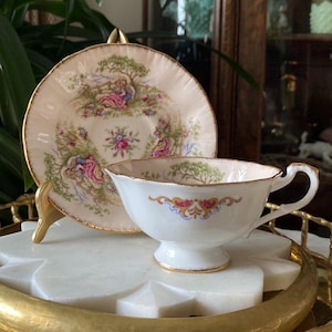 Rare PARAGON Gainsborough Antique Series Wide Teacup + Saucer Set - Vintage 1960’s - Fine Bone China Made in England - Romantic Dishes