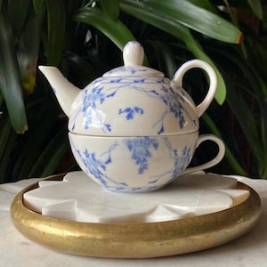 Vintage Skye McGhie Rose Brocade Tea for 1 - Fine Porcelain Individual Stacking 3 Piece Teapot, Lid + Cup