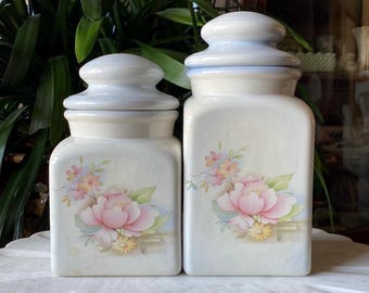 Unique Pair of 1980's Floral Square Canisters - Hand Crafted Ceramic Cottagecore Style - Vintage 1984 Set