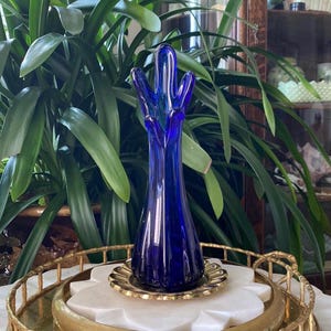 Vintage 9.5” Five Finger Swung Cobalt Blue Art Glass Vase - 1960’s MCM Decor
