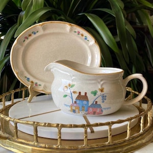 Vintage 2 Piece Heartland International Farm Animals Stoneware Gravy Boat + Under Plate Relish Dish Set - Japanese Farmhouse Dishes