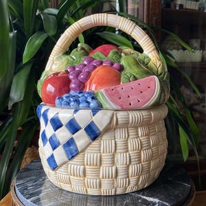Vintage Susan Winget Fruit Basket Picnic Cookie Jar - Hand Painted Cottagecore - Summery Canister Decor