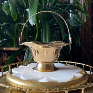 Vintage Solid Brass Pedestal Scalloped Basket - Hinged Handle - With Original Sticker Tag Made in India