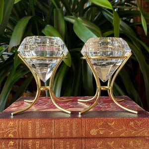 Pair of Vintage Bleikristall Crystal Votive Solitaire Diamond Tea Light Candle Holders Set
