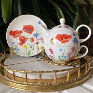McIntosh - Juego de té individual de porcelana fina con diseño de flores silvestres, tetera, taza y platillo - Juego floral vintage apilable de 4 piezas