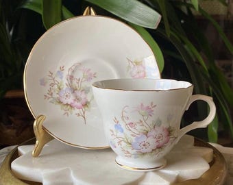 Vintage Crown Trent Floral Teacup & Saucer Set – Fine Bone China, Gold Trim
