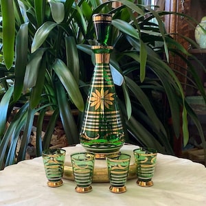 Vintage Green, Silver + Gold Floral Decanter Set with 4 Glasses - Retro Czechoslovakian Hand Painted 6 Piece Barware Set