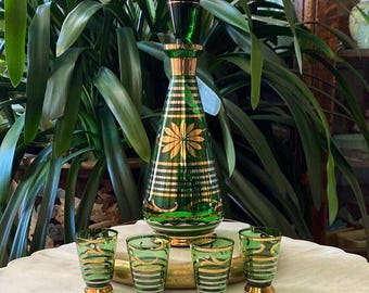 Vintage Green, Silver + Gold Floral Decanter Set with 4 Glasses - Retro Czechoslovakian Hand Painted 6 Piece Barware Set
