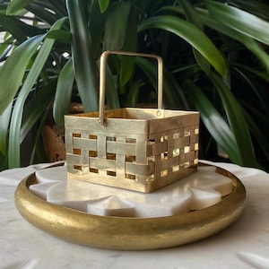 Vintage Solid Brass Woven Basket with Folding Handle - Original Sticker Tag - Made in India - Easter Decor, Farmhouse Country Trinket Dish