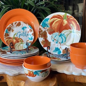 16 Piece Royal Norfolk Autumn Pumpkin + Orange Dishes - 9 Dinner Plates, 3 Lunch Plates + 4 Bowls - Thanksgiving Fall Dish Set - China