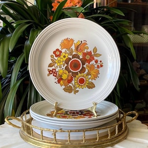 Vintage Set of 4 Myott Festival Ironstone Ware Dinner Plates - Bright Retro Floral 1970’s Dishes - Made in England