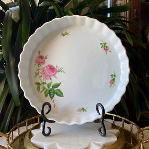 1990’s Christineholm China Porcelain Rose 9 1/2” Quiche Tart Baking Dish - Vintage Pie Pan Serving Plate