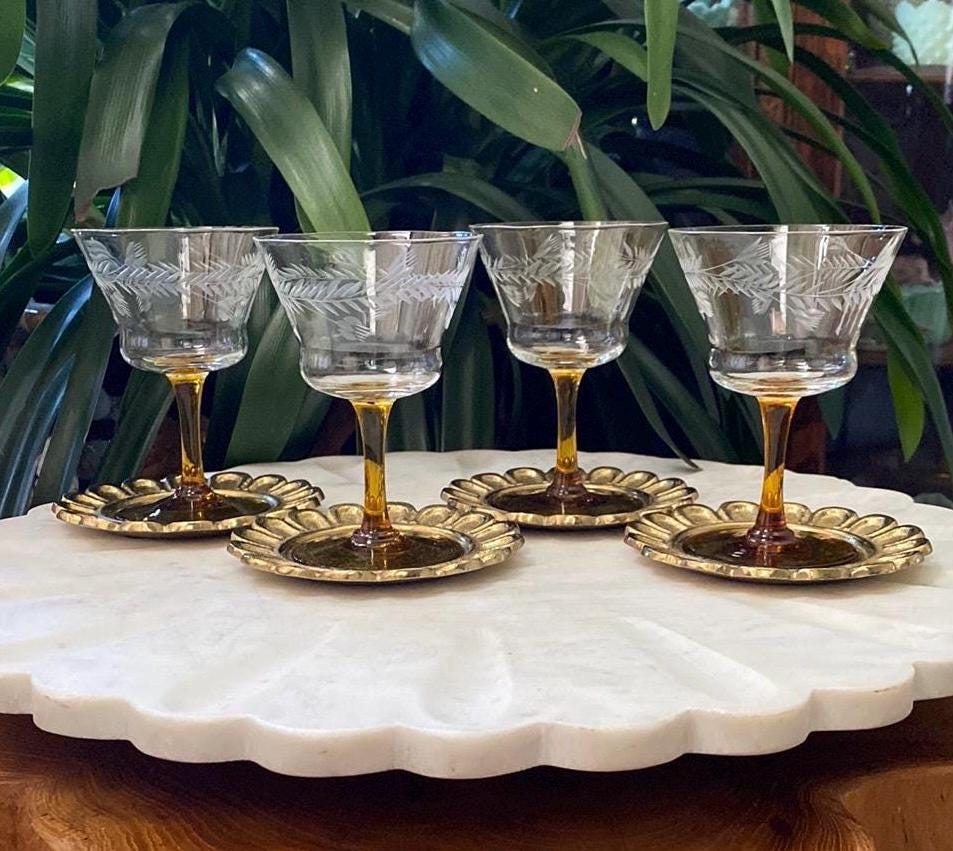 Vintage Set of 4 Crystal Etched Amber Stemmed Wine Glasses - Cocktail Glassware
