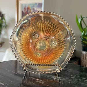 Vintage Jeannette Glass Anniversary Iridescent Footed Marigold Carnival Bowl