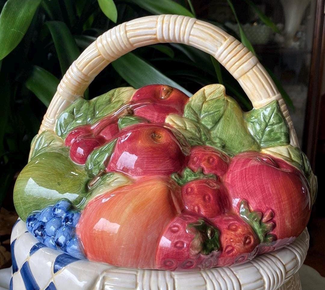 Vintage Susan Winget Fruit Basket Picnic Cookie Jar - Hand Painted