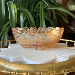 1950’s Jeannette 22k Gold Decorated Floragold Marigold Carnival Glass - Vintage Floral Iridescent Footed Candy Dish
