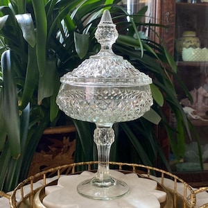 Vintage Indiana Glass Tiara Diamond Point Crystal Clear Lidded Pedestal Compote Candy Dish