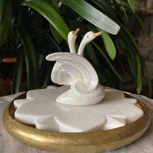 Unique Vintage Italian Porcelain Iridescent + Gilded Gold Double Swan Decorative Figurine - Capodimonte Italy