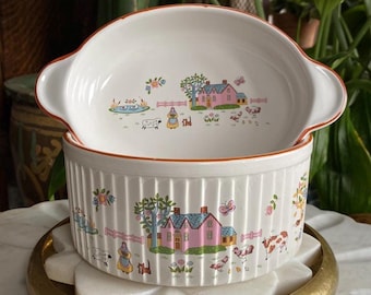 Vintage Set of 2 Jamestown Country Home Farmhouse Stoneware Dishes - Soufflé Bowl + Handled Oval Gratin Dish