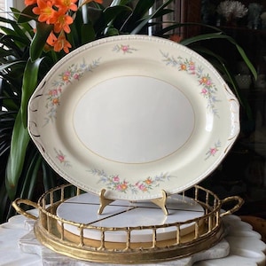 1940’s Homer Laughlin C48N5 Eggshell Georgian Serving Platter - Vintage Floral, Gold + Embossed Dish - Cottagecore Tray - Made in USA
