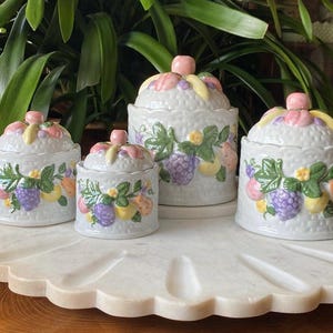Set of 4 Fruit + Floral Woven Embossed Ceramic Cottagecore Lidded Canister Jars - Vintage Basketweave Scalloped Kitchen Decor