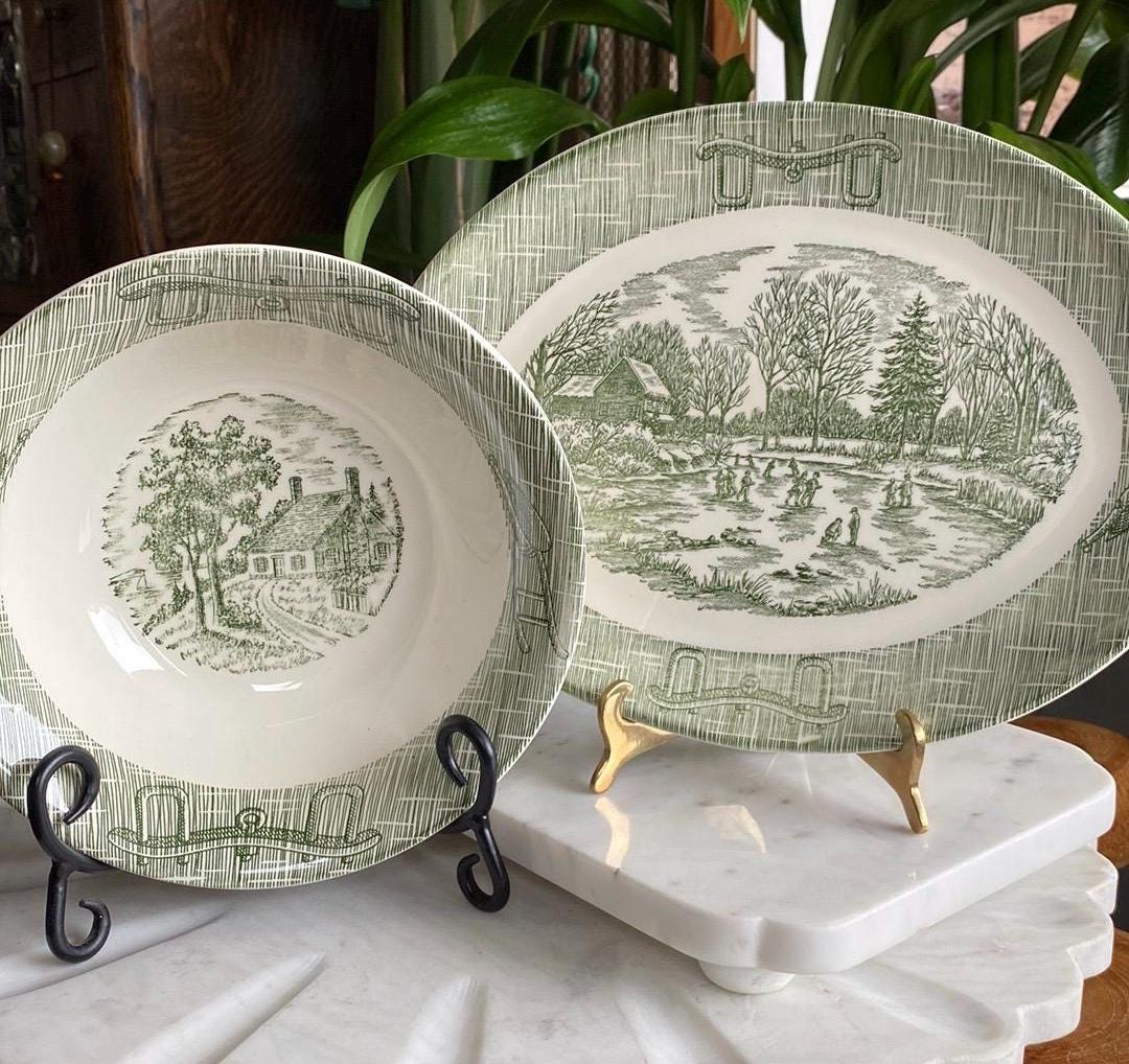 1960’s Currier & Ives SCIO Ox Yoke Plow  - Green Transferware Serving Bowl + Platter Set - Vintage 2 Piece Dishes
