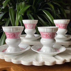 1970’s Set of 4 Heinrich Villeroy & Boch Rüdesheimer Porcelain Mug Cup + Saucers - W. Germany - Asbach Uralt - Coffee or Tea Dishes