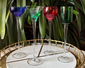 Vintage Set of 4 Multicoloured Cordial Liqueur Glasses Long Stemmed In Varying Shapes