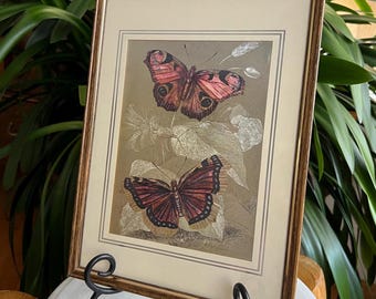Vintage 1970’s Lizars SC Metallic Gold + Silver Dufex Foil Butterfly Framed Art Wall Hanging