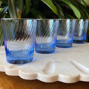 Set of 4 Vintage Libbey Blue Swirl Glassware Tumblers - Old Fashioned, Rocks, Lowball Glasses