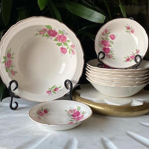 Vintage 9 Piece Royal Swan Bowl Set - Serving Bowl, 6 Soup Cereal Bowls + 2 Berry Bowls - 1940’s Burslem Rose + 22KT Gold Earthenware Dishes