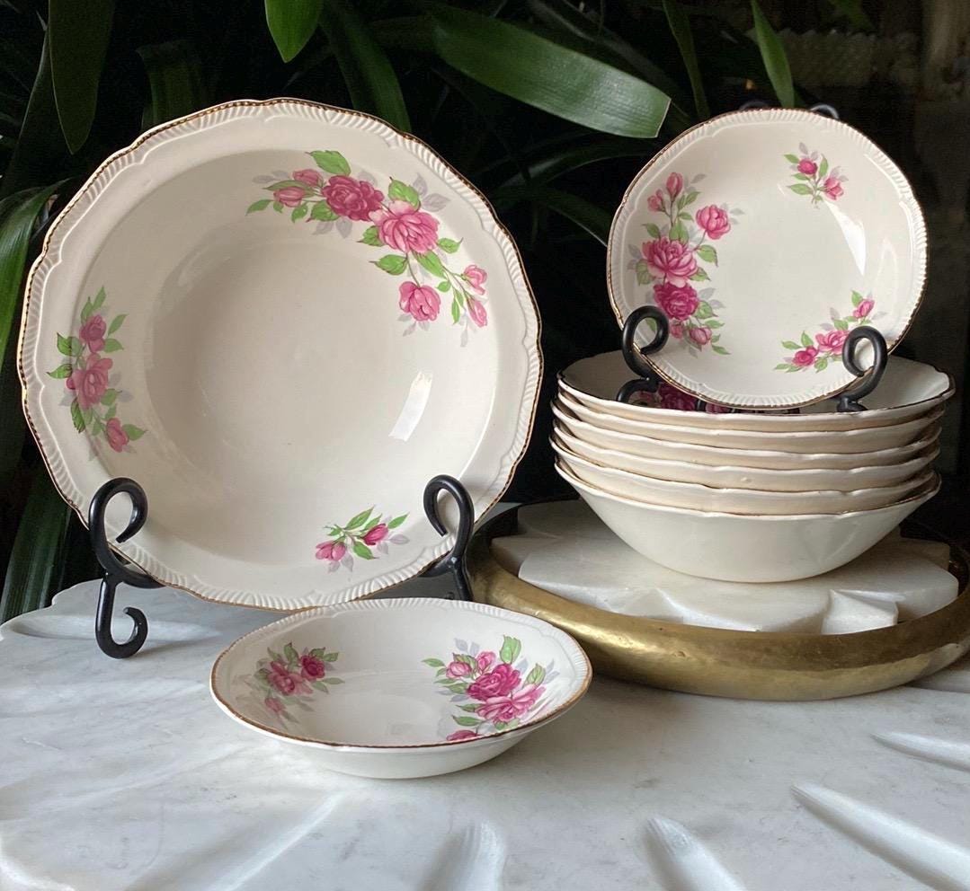 Vintage 9 Piece Royal Swan Bowl Set - Serving Bowl, 6 Soup Cereal Bowls + 2 Berry Bowls - 1940’s Burslem Rose + 22KT Gold Earthenware Dishes