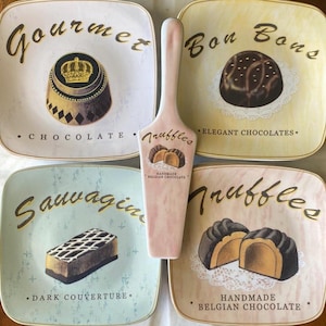 9 Piece Confections Chocolate Mixmatch Stoneware Dish Set - Serving Utensil + 7.25” Dessert Plates - Colourful Pastel Dessert Dishware