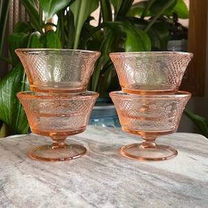 1930’s Set of 4 Normandie Federal Depression Glass Pink Pedestal Dessert Cups - Lace Brocade and Floral - Made in USA