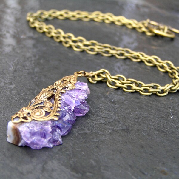 Delicate Amethyst Necklace, Druzy Necklace, Raw Stone Necklace, Amethyst Jewelry, February Birthstone, Gemstone Jewelry, Birthstone Jewelry