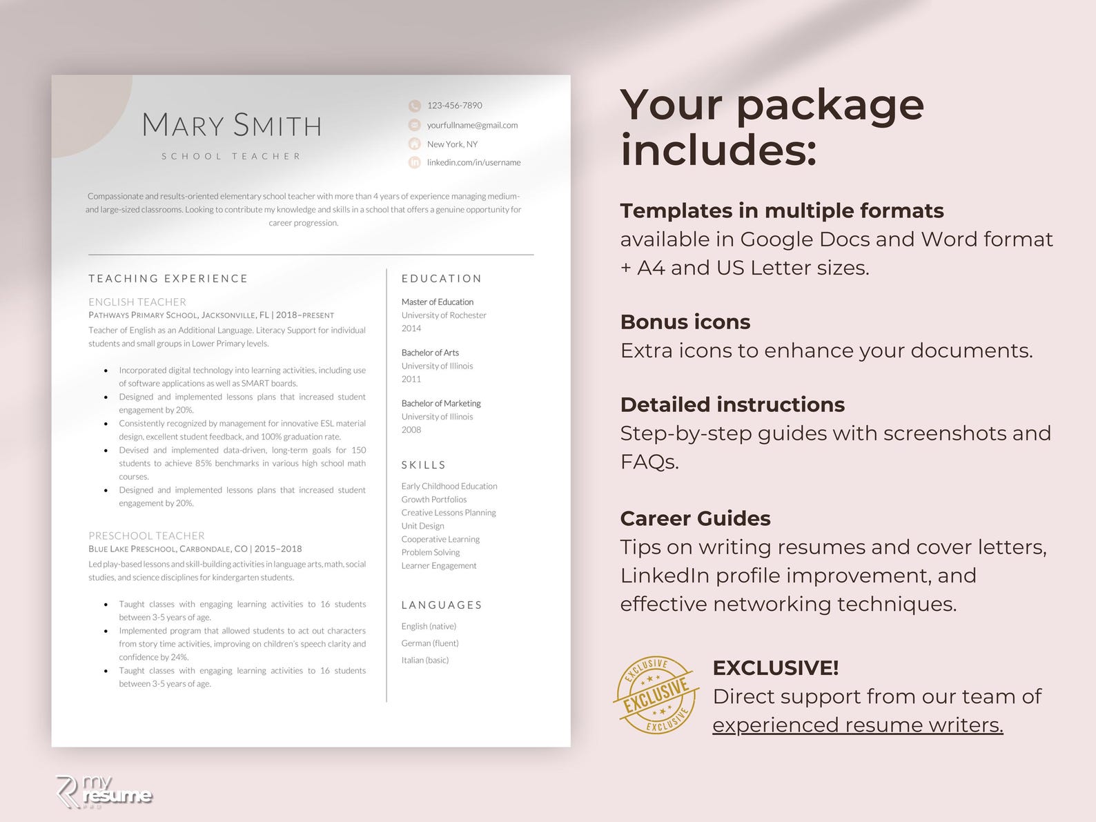 Teacher Resume Template for Word, Elementary School Teacher Resume ...