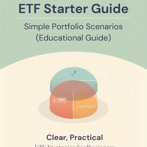 May include: A book cover titled "ETF Starter Guide" with the subtitle "Simple Portfolio Scenarios (Educational Guide)". The cover features a pie chart graphic and the text "Clear, Practical ETF Strategies for Beginners". The background is a light green and cream color.