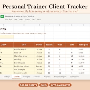 May include: A digital spreadsheet titled Personal Trainer Client Tracker with columns for client names, goals, status, sessions bought, used, and left, total paid, and last session date. The interface includes tabs for navigation and data management.
