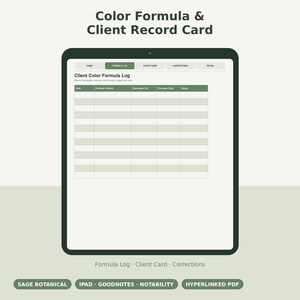 Peut inclure: Une tablette numérique affichant un journal de formules de couleur client avec des onglets pour Home, Formula Log, Client Card, Corrections et Retail. Le tableau inclut des colonnes pour Date, Formula/Brand, Developer Vol, Process Time et Notes. Le texte indique Color Formula & Client Card, Formula Log, Client Card, Corrections, Sage Botanical, Ipad, Goodnotes, Notability, Hyperlinked PDF.