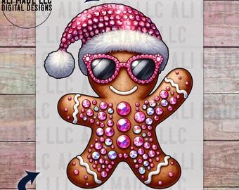 Gingerbread Pink Sunglasses Santa Hat Faux Iridescent Rhinestones - PNG Digital Download - Shirts Sublimation Commercial Use Glitter Bling