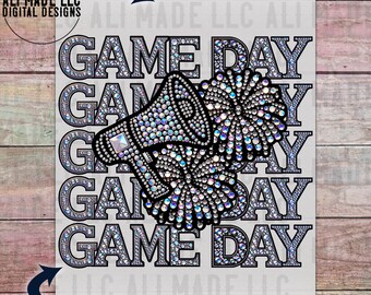 Cheerleading Pom Poms Game Day Iridescent Rhinestones - PNG Digital Download, Use for Shirts Mugs, Direct to Film Sublimation Commercial Use
