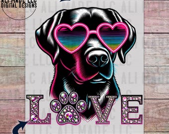 Dog Love - Black Labrador with Heart Glasses - PNG Transparent Background Digital Download File for Shirts Mugs Tumblers Sublimation DTF