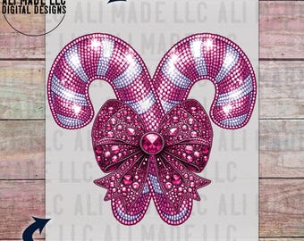 Candy Canes Coquette Bow Ribbon Pink Iridescent Faux Rhinestones - PNG Digital Download - Shirts Mugs Sublimation Commercial Use Glitter
