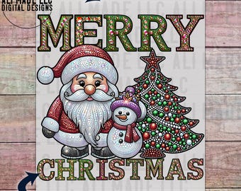 Merry Christmas Santa Snowman Tree Faux Iridescent Rhinestones - PNG Digital Download - Shirts Mugs Sublimation Commercial Use Glitter Bling