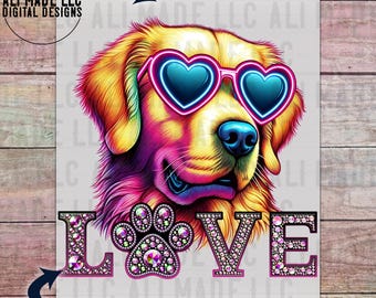 Dog Love - Golden Retriever with Heart Glasses - PNG Transparent Background Digital Download File for Shirts, Mugs Tumblers, DTF Sublimation